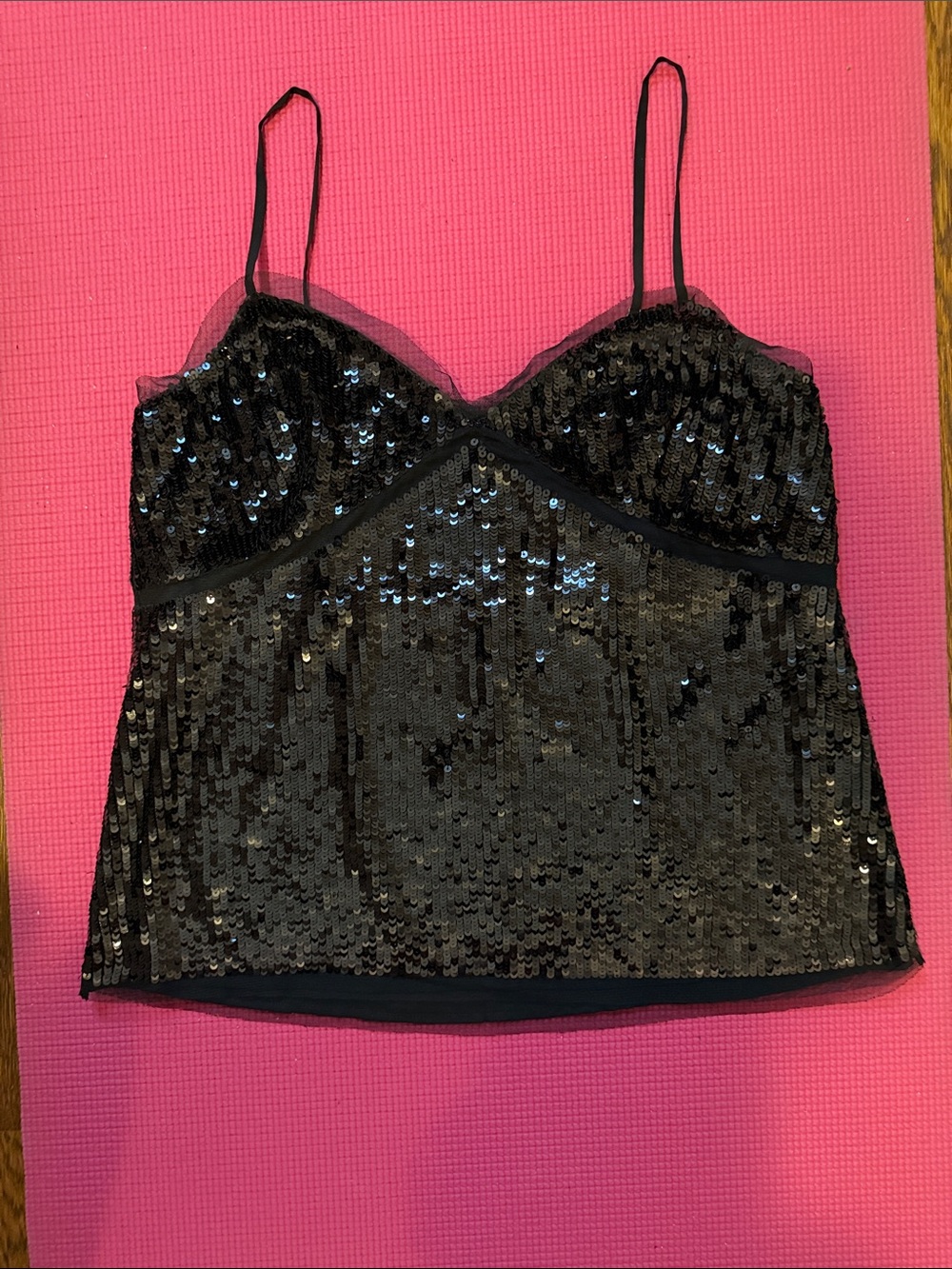 J.Crew Black Sequin Cami, lace trim, delicate straps - S